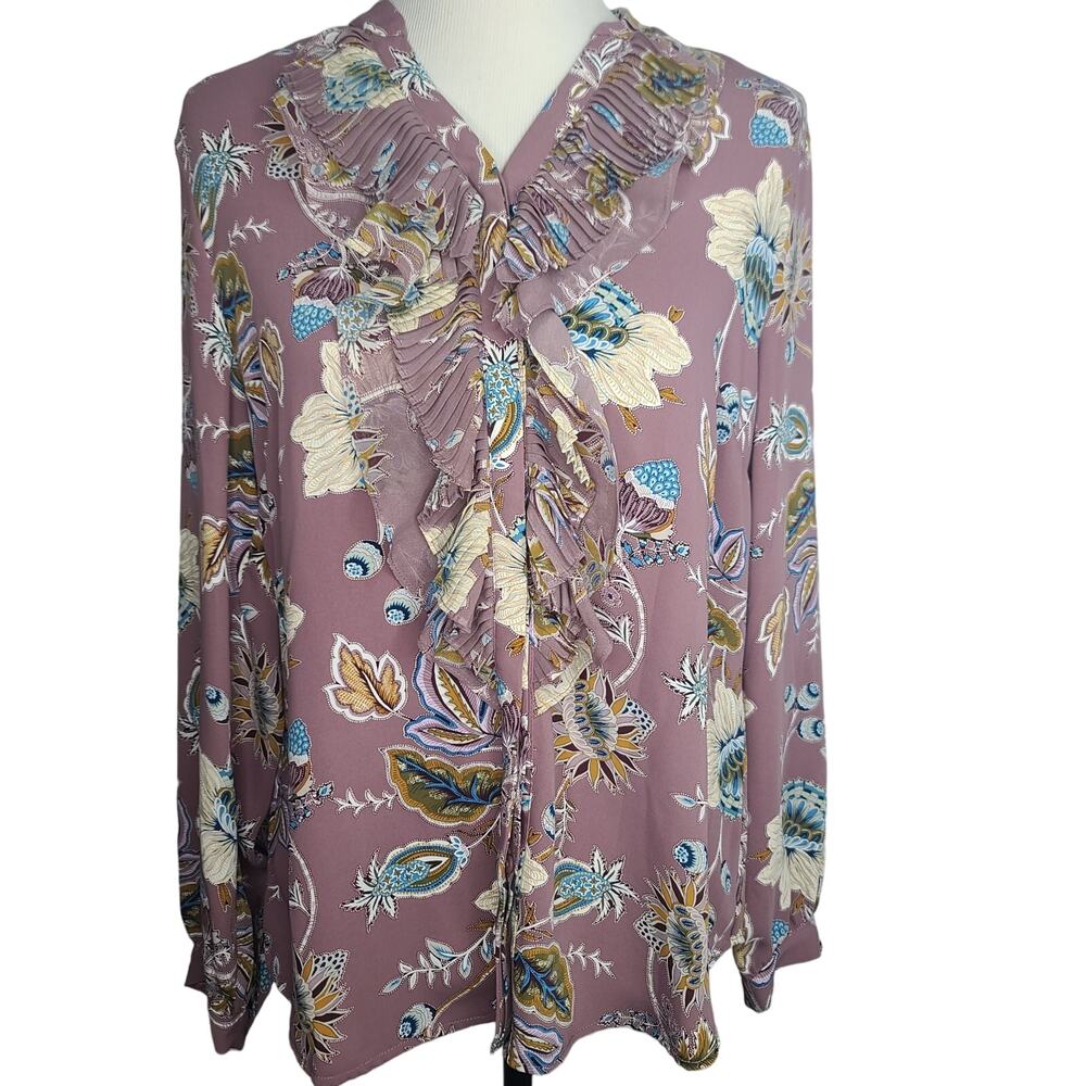 Chicos Top Blouse Mauve Paisley Floral 1 Med Purple Blue Jacobean Bouquet Ruffle